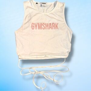 White & Baby Pink Gymshark Logo Graphic Cropped Cross Tie Athletic Tank Top